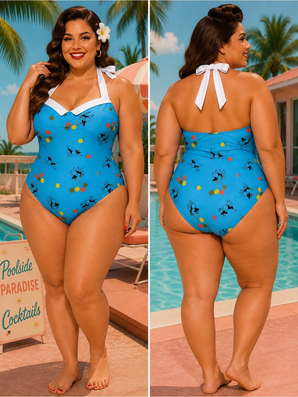 #S48 D&E - Blue vintage-inspired retro-style swimsuit -XXL